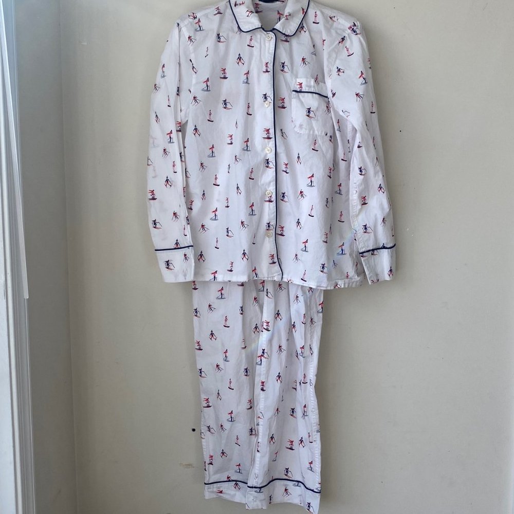 J Crew Poplin Holiday Pajama Set, Skier Pajama Print, Size Medium